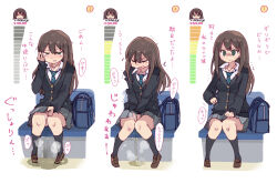 Rule 34 | 1girl, 4040 (abonriya), bag, between legs, black jacket, black socks, blue necktie, blush, breasts, brown footwear, brown hair, buttons, clenched teeth, collarbone, collared shirt, embarrassed, female focus, full body, green eyes, grey skirt, half-closed eyes, hand between legs, hand on own cheek, hand on own face, have to pee, idolmaster, idolmaster cinderella girls, jacket, japanese text, jewelry, knees together feet apart, long hair, long sleeves, miniskirt, multiple views, necklace, necktie, nose blush, open mouth, own hands together, pee, peeing, peeing self, pleated skirt, puddle, school uniform, seat, shibuya rin, shirt, shoes, sidelocks, simple background, sitting, skirt, small breasts, socks, speech bubble, steam, striped necktie, sweat, talking, teeth, translation request, urine meter, v-shaped eyebrows, v arms, white background, white shirt