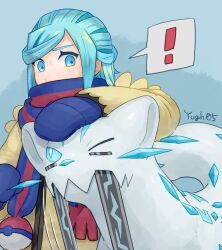 Rule 34 | !, 1boy, blue mittens, blue scarf, chien-pao, commentary request, creatures (company), game freak, green eyes, green hair, grusha (pokemon), headpat, highres, jacket, long sleeves, looking down, male focus, mittens, nintendo, pokemon, pokemon (creature), pokemon sv, scarf, scarf over mouth, signature, spoken exclamation mark, striped clothes, striped scarf, upper body, yellow jacket, yuu (hguy sv)
