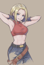 Rule 34 | 1girl, absurdres, armpits, bare shoulders, belt, blonde hair, blue eyes, blue mary, breasts, commentary, fatal fury, fingerless gloves, gloves, grey background, highres, lips, looking at viewer, loose belt, medium breasts, midriff, multiple belts, navel, pants, parted bangs, parted lips, red tank top, short hair, simple background, sleeveless, smile, snk, solo, stomach, tank top, the king of fighters, turtleneck, tyanoki