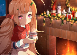Rule 34 | 1girl, ame., artist name, azur lane, blonde hair, blush, bow, box, brown skirt, burning, candle, capelet, child, christmas, closed mouth, commentary request, cup, eldridge (azur lane), facial mark, fire, fireplace, gift, gift box, hair bow, hair ornament, hairclip, holding, holding cup, indoors, long hair, long sleeves, low twintails, mug, night, red bow, red capelet, red eyes, shirt, sidelocks, signature, sitting, skirt, smile, solo, star (symbol), steam, twintails, very long hair, white shirt, window