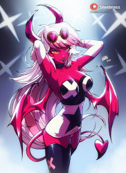 Rule 34 | 1girl, 2021, absurdres, animification, arms up, artist name, bare shoulders, breasts, choker, cleavage, collarbone, colored sclera, colored skin, cowboy shot, demon girl, demon horns, demon tail, demon wings, dress, elbow gloves, eyewear on head, facial tattoo, glasses, gloves, half-closed eye, heart, heart tattoo, helluva boss, highres, horns, huge filesize, large breasts, long hair, open mouth, patreon logo, print dress, red eyes, red skin, red wings, round eyewear, shinbross, signature, silver hair, smile, solo, spotlight, star (symbol), star print, tail, tattoo, taut clothes, taut dress, thighhighs, uneven eyes, verosika mayday, very long hair, watermark, web address, wings, yellow sclera