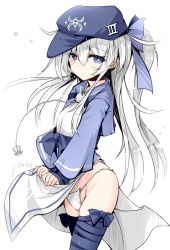 Rule 34 | 1girl, ainu clothes, anchor, bandages, blue eyes, blush, chain, clothes lift, cosplay, fundoshi, hair ribbon, hat, hat ornament, hibiki (kancolle), japanese clothes, kamoi (kancolle), kamoi (kancolle) (cosplay), kantai collection, long hair, looking at viewer, panties, ponytail, ribbon, silver hair, skirt, skirt lift, solo, thighhighs, thighs, underwear, white background