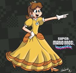 Rule 34 | 1girl, artist request, blue eyes, breasts, brooch, brown hair, crown, dress, dress tug, earrings, flower earrings, full body, gloves, grin, highres, jewelry, mario (series), nintendo, open mouth, orange dress, pointing, princess daisy, puffy short sleeves, puffy sleeves, running, short sleeves, small breasts, smile, source request, super mario bros. wonder, title, tomboy