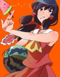 Rule 34 | 1girl, :q, ascot, bare shoulders, black hair, female focus, food, fruit, gioha, hair tubes, hakurei reimu, long hair, orange background, ponytail, popsicle, red eyes, seed, simple background, solo, sweatdrop, tongue, tongue out, touhou, watermelon, watermelon bar