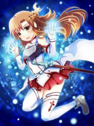 Rule 34 | 10s, 1girl, armor, asuna (sao), bad id, bad pixiv id, breastplate, brown eyes, brown hair, detached sleeves, long hair, muruaka, open mouth, sheath, sheathed, skirt, solo, sword, sword art online, thighhighs, weapon, white thighhighs