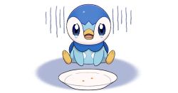Rule 34 | blue eyes, commentary request, creatures (company), full body, game freak, gen 4 pokemon, looking at viewer, nintendo, no humans, official art, open mouth, piplup, plate, pokemon, pokemon (creature), project pochama, sitting, solo, tearing up, toes, tongue, watery eyes, white background