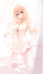 Rule 34 | 1girl, arms up, bad id, bad pixiv id, bare arms, bare shoulders, bed sheet, black thighhighs, blonde hair, breasts, cleavage, closed mouth, collarbone, commentary, dress, green eyes, highres, kneeling, kooemong, lifted by self, long hair, looking at viewer, medium breasts, on bed, original, pillow, sidelocks, skirt hold, sleeveless, sleeveless dress, smile, solo, symbol-only commentary, thighhighs, white dress, white thighhighs