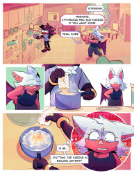 Rule 34 | !, 1boy, 1girl, absurdres, alternate costume, animal ears, animal nose, barefoot, bat ears, bat girl, bat wings, breasts, closed eyes, closed mouth, comic, commentary, cooking, cooking pot, english commentary, english text, fernsnailz, food, furry, furry female, furry male, highres, indoors, kitchen, looking at another, macaroni and cheese (food), medium breasts, no gloves, one eye closed, open mouth, pants, rouge the bat, shadow the hedgehog, shirt, short sleeves, sonic (series), speech bubble, standing, stretching, tail, thought bubble, white fur, wings