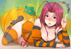 Rule 34 | 1girl, antenna hair, arm support, bare shoulders, bat (animal), blush, boots, breasts, cleavage, crown, demon, fang, gender request, genderswap, halloween, kurowa, large breasts, leon (unlight), lying, on side, polearm, pumpkin, red eyes, red hair, solo focus, striped clothes, striped thighhighs, thighhighs, trident, unlight, weapon