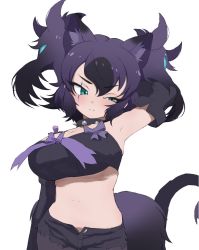 Rule 34 | 1girl, animal ears, armpits, blue eyes, blush, bow, bowtie, breasts, cerberus (kemono friends), closed mouth, collar, detached sleeves, female focus, highres, jeans shorts, kakanashi1, kemono friends, large breasts, medium hair, midriff, multiple heads, navel, scar, scar across eye, scar on face, scratching head, shorts, solo, spiked collar, spikes, sports bra, tail, unbuttoned, open fly, upper body, white background