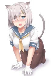Rule 34 | 10s, 1girl, animal ears, black pantyhose, blue eyes, blush, cat day, cat ears, cat tail, commentary request, full body, hair ornament, hair over one eye, hairclip, hamakaze (kancolle), heart, heart-shaped pupils, kantai collection, kemonomimi mode, neckerchief, pantyhose, sailor collar, sama samasa, school uniform, serafuku, short hair, silver hair, simple background, solo, symbol-shaped pupils, tail, thighband pantyhose, white background, yellow neckerchief
