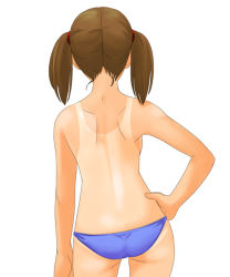 Rule 34 | 1girl, artist request, ass, bare back, bare shoulders, blue panties, brown hair, cropped legs, from behind, panties, short hair, simple background, solo, standing, tan, tanline, twintails, underwear, white background