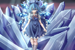 Rule 34 | 1girl, blue bow, blue dress, blue eyes, blue hair, blue theme, blue wings, blush, bow, breasts, cirno, closed mouth, collared shirt, cryokinesis, dress, feet out of frame, frown, hair between eyes, hair bow, highres, ice, ice wings, kneehighs, kororopon, looking at viewer, medium hair, neck ribbon, pinafore dress, puffy short sleeves, puffy sleeves, red ribbon, ribbon, shirt, short sleeves, sleeveless, sleeveless dress, small breasts, socks, solo, touhou, white shirt, white socks, wings