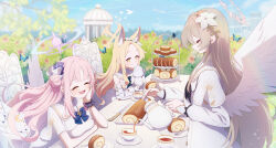 Rule 34 | 3girls, angel wings, animal ear fluff, animal ears, bare shoulders, black tea, blonde hair, blue archive, breasts, cake, capelet, chair, closed eyes, closed mouth, day, detached sleeves, dress, extra ears, feathered wings, flower, food, fox ears, hair bun, hair flower, hair ornament, halo, highres, large breasts, light brown hair, long hair, long sleeves, matchamassa, mika (blue archive), multiple girls, nagisa (blue archive), open mouth, outdoors, pink flower, pink hair, pink halo, purple flower, seia (blue archive), single side bun, sitting, sleeves past fingers, sleeves past wrists, small breasts, smile, swiss roll, tea, tea party (blue archive), white capelet, white dress, white flower, white wings, wings, yellow eyes, yellow halo