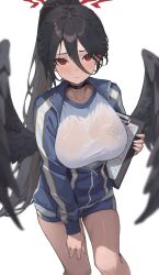 Rule 34 | 1girl, absurdres, black hair, black wings, blue archive, blue jacket, blue shorts, blush, breasts, choker, collarbone, hair between eyes, halo, hasumi (blue archive), hasumi (track) (blue archive), highres, jacket, large breasts, long hair, long sleeves, looking at viewer, mole, mole under eye, namake (nmk44300), official alternate costume, red eyes, red halo, see-through, shorts, simple background, solo, track jacket, very long hair, white background, wings