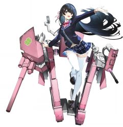 Rule 34 | 1girl, arm up, ash arms, black hair, cannon, hair ornament, hairclip, leg up, looking at viewer, machinery, nijisanji, official art, open mouth, rigging, school uniform, solo, thighhighs, transparent background, tsukino mito, tsukino mito (1st costume), virtual youtuber, white thighhighs