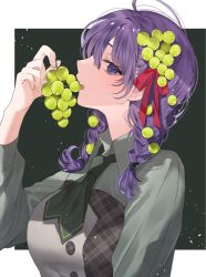 Rule 34 | 1girl, alternate costume, alternate hairstyle, braid, breasts, buttons, collared dress, commentary request, dress, eating, fate/stay night, fate (series), fingernails, food, food-themed hair ornament, food in mouth, food on head, fruit, fruit on head, grape hair ornament, grapes, green dress, green neckwear, hair ornament, hair ribbon, highres, holding, holding food, holding fruit, lips, long hair, long sleeves, looking at viewer, matou sakura, medium breasts, object on head, open mouth, pink lips, plaid, purple eyes, purple hair, red ribbon, ribbon, shimatori (sanyyyy), solo, teeth, upper body, upper teeth only