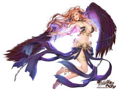 Rule 34 | 1girl, angel, angel wings, armpits, bare shoulders, barefoot, black wings, blush, breasts, chain, commentary request, detached sleeves, dress, feathered wings, full body, gang of heaven, large breasts, logo, long hair, looking at viewer, masami chie, official art, orange hair, parted lips, purple eyes, sidelocks, simple background, solo, thigh strap, white background, wings