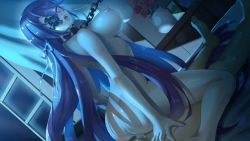 Rule 34 | 1girl, ass, bdsm, blue hair, blush, breasts, chain, collar, cum, cum in pussy, curtains, eyepatch, closed eyes, feet, floating hair, flower, girl on top, indoors, leash, legs, long hair, lying, medium breasts, night, nipples, nude, open mouth, sacred sword princesses, sex, sideboob, slave, solo focus, straddling, thighs, toes, vaginal, vase, window
