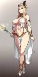Rule 34 | 1girl, blonde hair, bracelet, breast curtains, breasts, brooch, elf, full body, green eyes, highres, houtengeki, houtengeki&#039;s elf girl, jewelry, large breasts, loincloth, looking at viewer, navel, original, parted bangs, pelvic curtain, pointy ears, revealing clothes, serious, shoes, simple background, solo, staff, standing, thick thighs, thighs