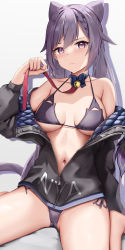 Rule 34 | 1girl, absurdres, bare shoulders, bell, bikini, black jacket, blue bow, bow, bow choker, braid, breasts, breasts apart, cat tail, closed mouth, commentary, cone hair bun, earrings, genshin impact, hair bun, halterneck, hand up, highres, holding, jacket, jewelry, jingle bell, keqing (genshin impact), long hair, long sleeves, looking at viewer, medium breasts, navel, neck bell, nyan, off shoulder, open clothes, open jacket, partially unzipped, purple bikini, purple eyes, purple hair, side-tie bikini bottom, sitting, skai kun, solo, string bikini, swimsuit, tail, twintails, very long hair