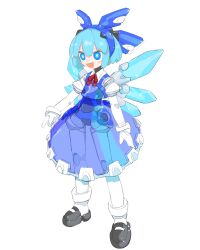 Rule 34 | 1girl, :d, absurdres, blue dress, blue eyes, blue hair, cheri zao, cirno, commentary, dress, highres, joints, light blue hair, looking at viewer, mary janes, mechanical wings, mechanization, neck ribbon, open mouth, red ribbon, ribbon, robot girl, robot joints, see-through, see-through dress, shoes, short hair, simple background, smile, solo, touhou, white background, wings