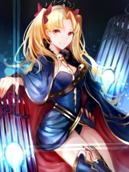 Rule 34 | 1girl, asymmetrical legwear, bad id, bad pixiv id, black leotard, blonde hair, blue cape, boa sorte, boots, bow, breasts, cape, cleavage, closed mouth, diadem, ereshkigal (fate), fate/grand order, fate (series), floating hair, fur-trimmed collar, fur trim, hair bow, hair intakes, hand on own hip, highres, leotard, long hair, looking at viewer, medium breasts, red bow, red eyes, single boot, sitting, smile, solo, thigh boots, thighhighs, uneven legwear