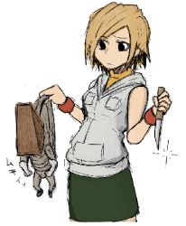 Rule 34 | 1boy, 1girl, blonde hair, boots, breasts, chibi, crossover, drawfag, hat, heather mason, helmet, knife, lowres, miniskirt, pyramid head, short hair, silent hill, silent hill (series), silent hill 2, silent hill 3, skirt, sleeveless, small breasts, vest, watch, weapon, white background, wristband