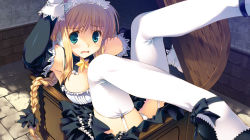 Rule 34 | 00s, 1girl, armpits, blonde hair, blush, bow, box, braid, detached sleeves, frills, game cg, garter straps, green eyes, hair bow, in box, in container, legs, legs up, long hair, looking at viewer, lying, maid, maid headdress, manaka de ikuno!!, mitsumi misato, on back, open mouth, panties, pantyshot, ribbon, robot ears, shoes, silfa (to heart), solo, star (symbol), teardrop, tears, thighhighs, to heart (series), to heart 2, to heart 2 ad, underwear, wavy mouth, white panties, white thighhighs, wince