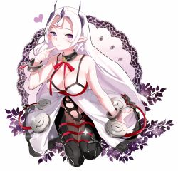 Rule 34 | 1girl, babydoll, bad id, bad pixiv id, boba, breasts, choker, cleavage, closers, heart, horns, large breasts, levia (closers), light purple hair, long hair, looking at viewer, nail polish, ofuda, pants, pointy ears, purple eyes, red ribbon, ribbon, ribbon-trim, simple background, smile, solo, spaghetti strap, sparkle