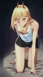 Rule 34 | 1girl, :3, bare arms, bare legs, barefoot, bed sheet, black shorts, blonde hair, blush, breasts, chainsaw man, cleavage, closed mouth, collarbone, dolphin shorts, downblouse, extended downblouse, hair between eyes, highres, horns, kadokadokado, kneeling, leaning forward, long hair, looking at viewer, no bra, orange eyes, power (chainsaw man), shirt, short shorts, shorts, sleeveless, sleeveless shirt, small breasts, solo, spaghetti strap, straight hair, sweatdrop, very long hair, white shirt
