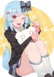 Rule 34 | 1boy, ;d, absurdres, aqua bow, black jacket, blazer, blue hair, bow, bowtie, brown eyes, cardigan, collared shirt, commentary request, crossdressing, dog tail, hair bow, highres, inuyama tamaki, jacket, kneehighs, loafers, long sleeves, looking at viewer, male focus, noripro, one eye closed, open mouth, panties, pantyshot, pink bow, pink cardigan, pink panties, school uniform, shirt, shoes, short hair, sitting, skirt, smile, socks, solo, striped clothes, striped panties, stuffed toy, tail, tonarikeru, trap, underwear, virtual youtuber, white shirt, white socks, yellow bow