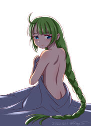 Rule 34 | 1girl, ahoge, bare back, bed, bed sheet, blue eyes, braid, commentary request, covering privates, from behind, green hair, kantai collection, long hair, looking at viewer, looking back, mole, mole under mouth, naked sheet, nude, nude cover, one-hour drawing challenge, ray.s, simple background, single braid, smile, solo, white background, yuugumo (kancolle)