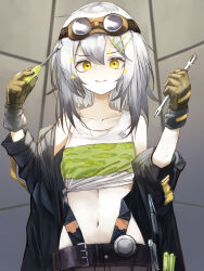 Rule 34 | 1girl, belt, black jacket, collarbone, commission, croque (neural cloud), girls&#039; frontline, girls&#039; frontline neural cloud, gloves, goggles, goggles on head, gradient hair, grey hair, hair between eyes, hair ornament, hairclip, highres, holding, holding screwdriver, holding wrench, jacket, looking at viewer, midriff, miyopiwi, multicolored hair, navel, off shoulder, screwdriver, skeb commission, smile, solo, sparkle, tank top, upper body, wrench, yellow eyes