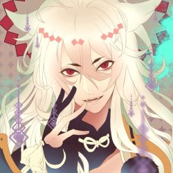 Rule 34 | 10s, 1boy, animal ears, bad id, bad pixiv id, black gloves, fox ears, gloves, japanese clothes, kogitsunemaru, long hair, looking at viewer, male focus, nipponia nippon, open mouth, partially fingerless gloves, portrait, red eyes, solo, touken ranbu, upper body