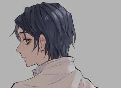 Rule 34 | 1boy, black hair, brown eyes, commentary request, from behind, grey background, jacket, jujutsu kaisen, llilililiilii, looking at viewer, looking back, male focus, okkotsu yuuta, parted lips, profile, short hair, simple background, solo, upper body, white jacket
