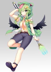 Rule 34 | 1girl, :q, belt, bike shorts, black wings, bow, breasts, cross hair ornament, frog hat, full body, gradient background, green eyes, green hair, grey background, hair bow, hair ornament, hair over one eye, hairclip, jacket, kusano (torisukerabasu), large breasts, leg up, licking lips, low wings, matching hair/eyes, midriff, necktie, no bra, no shirt, open clothes, open jacket, original, polearm, smile, solo, tongue, tongue out, trident, twintails, weapon, wings, yellow bow, yellow necktie