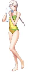 Rule 34 | 1girl, casual one-piece swimsuit, fate/hollow ataraxia, fate (series), full body, highres, long hair, official alternate costume, official art, one-piece swimsuit, red eyes, sella (fate), solo, swimsuit, takeuchi takashi, towel, transparent background, white hair