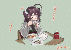 Rule 34 | 1girl, ahoge, blush, bowl, brown hair, closed eyes, closed mouth, commentary request, cup, dated, disposable cup, food, food request, green background, headgear, holding, holding cup, japanese clothes, kimono, lamb (hitsujiniku), long sleeves, plate, rice, simple background, sitting, solo, table, touhoku kiritan, translation request, twintails, upper body, voiceroid, white kimono, wide sleeves