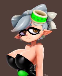 Rule 34 | + +, 1girl, 8-tomb, absurdres, areola slip, artist name, bare shoulders, black dress, breasts, brown background, closed mouth, dress, earrings, food, food on head, hair ornament, highres, jewelry, large breasts, looking to the side, marie (splatoon), mole, mole under eye, nintendo, object on head, pointy ears, short hair, signature, silver hair, simple background, splatoon (series), strapless, strapless dress, tentacle hair