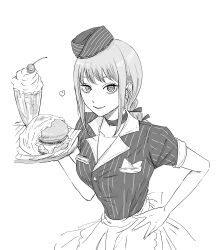 Rule 34 | 1girl, absurdres, apron, bow, breasts, burger, chainsaw man, commentary request, employee uniform, eyebrows hidden by hair, food, hair bow, hand on own hip, heart, highres, holding, holding tray, iing naoe, large breasts, makima (chainsaw man), milkshake, narrow waist, ringed eyes, sidelocks, skirt, smile, solo, tray, uniform, upper body, waist apron, waitress