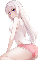 Rule 34 | 1girl, absurdres, ass, bare arms, bare legs, bare shoulders, breasts, closed mouth, from side, frontera, grey hair, hair between eyes, highres, light blush, long hair, looking at viewer, medium breasts, nape, original, pale skin, pink shorts, ringed eyes, shirt, short shorts, shorts, simple background, sitting, sleeveless, sleeveless shirt, solo, wariza, white background, white hair, white shirt