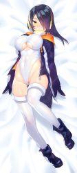Rule 34 | 10s, 1girl, ankle boots, arms at sides, bed sheet, black footwear, black gloves, black hair, boots, breasts, closed mouth, clothing cutout, covered erect nipples, covered navel, dress, emperor penguin (kemono friends), full body, gloves, gluteal fold, groin, hair over one eye, headphones, highleg, highleg leotard, highres, hood, hood down, hoodie, kanjy00u, kemono friends, large breasts, leotard, long hair, looking at viewer, lying, multicolored hair, on back, on bed, open clothes, open hoodie, orange hair, purple eyes, ribbed dress, ribbed leotard, skin tight, solo, streaked hair, thigh gap, thighhighs, turtleneck, two-tone hair, underboob, underboob cutout, white leotard, white thighhighs, yellow eyes