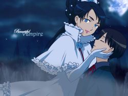 Rule 34 | 00s, 1boy, 1girl, age difference, black hair, blood+, blue eyes, blue flower, blue rose, capelet, child, closed eyes, diva, diva (blood+), dress, elbow gloves, flower, fog, formal, frills, gloves, grass, hetero, highres, lips, long hair, looking at viewer, looking to the side, miyagusuku riku, moon, night, night sky, outdoors, pink lips, rose, short hair, sky, tagme, tree, vampire, white dress