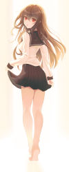 1girl absurdres backlighting bad_id bad_pixiv_id barefoot black_sailor_collar black_skirt brown_hair fakegeo floating_hair full_body hair_between_eyes highres long_hair looking_at_viewer looking_back miniskirt original parted_lips pleated_skirt red_eyes sailor_collar sailor_shirt school_uniform serafuku shirt simple_background skirt skirt_hold soles solo standing very_long_hair white_background white_shirt