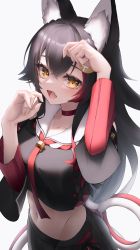 Rule 34 | 1girl, absurdres, animal ears, arm up, black hair, black shirt, blush, brown eyes, choker, crop top, fang, hair between eyes, hair ornament, hairclip, hand up, highres, hololive, long hair, long sleeves, looking at viewer, midriff, multicolored hair, navel, ookami mio, ookami mio (1st costume), open mouth, red choker, red hair, sailor collar, shirt, simple background, solo, streaked hair, thomas 8000, upper body, virtual youtuber, white background, white sailor collar, wolf ears, wolf girl