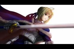 Rule 34 | 1girl, ahoge, armor, armored dress, artoria pendragon (fate), blonde hair, cape, chien zero, excalibur (fate/stay night), fate/stay night, fate (series), gauntlets, greaves, green eyes, hair ribbon, letterboxed, ribbon, saber (fate), solo, sword, weapon