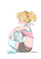 Rule 34 | 00s, 1girl, blonde hair, blush, breasts, crossed legs, electric fan, fresh precure!, highres, hot, isedaichi ken, momozono love, pink eyes, precure, short hair, shorts, simple background, small breasts, solo, sweat, tongue, tongue out, twintails, white background