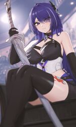 Rule 34 | 1girl, absurdres, acheron (honkai: star rail), black choker, black gloves, black thighhighs, breasts, choker, cleavage, commentary, elbow gloves, feet out of frame, gloves, highres, holding, holding sword, holding weapon, honkai: star rail, honkai (series), katana, large breasts, leg tattoo, long hair, looking at viewer, midriff, nvl, purple eyes, purple hair, scabbard, sheath, sheathed, sitting, solo, sword, tattoo, thighhighs, thighs, very long hair, weapon