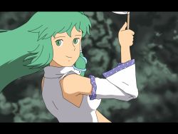 Rule 34 | 1girl, anime coloring, arm up, commentary, detached sleeves, gohei, gradient background, green eyes, green hair, hair tubes, kochiya sanae, letterboxed, looking at viewer, matching hair/eyes, parody, shirosato, smirk, solo, studio ghibli (style), style parody, touhou, wind